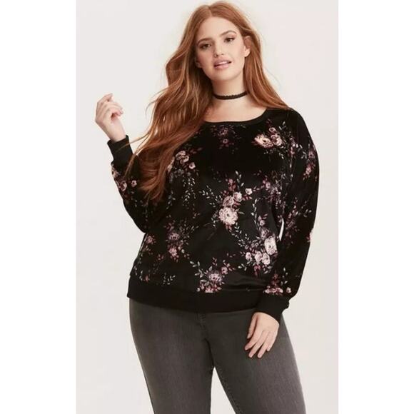 Torrid 4 Women 4x Black Pink Floral Velvet Soft Flower Print Sweatshirt - Picture 1 of 8